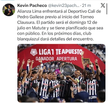 Alianza Lima se enfrentará con Deportivo Cali en amistoso.