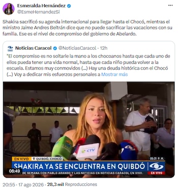 Esmeralda Hernández destaca la solidaridad de Shakira en el Chocó y cuestiona al ministro Beltrán - crédito @EsmeHernandezSi/X