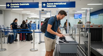 Hombre en pantalones cortos y mochila negra pone zapatos deportivos negros en una bandeja gris en el control de seguridad de un aeropuerto.