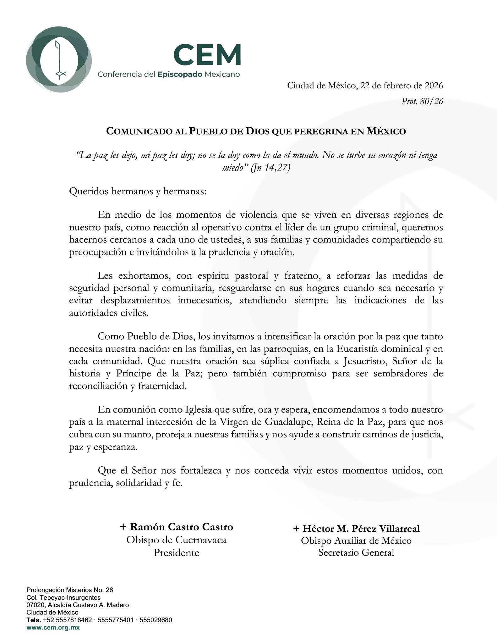 Conferencia del Episcopado Mexicano se pronuncia por hechos violentos en México tras muerte de
