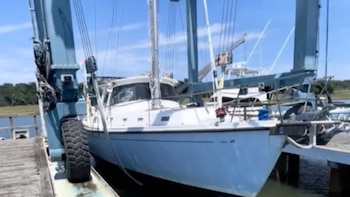 Un velero blanco y azul está siendo levantado por una grúa azul grande sobre un muelle de madera, con agua y vegetación en el fondo