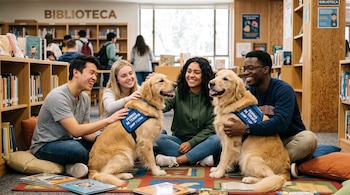 Cuatro jóvenes sentados en el suelo acarician a dos perros de raza golden retriever con chalecos azules dentro de una biblioteca.