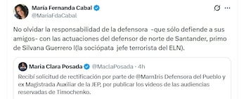 María Fernanda Cabal estalló contra la defensora del Pueblo, Iris Marin, luego de su petición de rectificación sobre la JEP y las declaraciones de la senadora Posada sobre 'Timochenko' - crédito @MariaFdaCabal/X