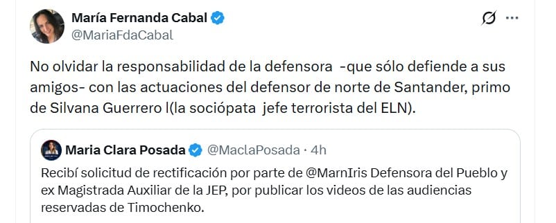 María Fernanda Cabal estalló contra la defensora del Pueblo, Iris Marin, luego de su petición de rectificación sobre la JEP y las declaraciones de la senadora Posada sobre