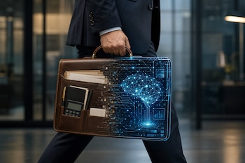 Un hombre con traje lleva un maletín de cuero con papeles que se transforma en una pantalla digital azul con una figura de cerebro.