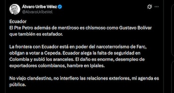 Álvaro Uribe - crédito @AlvaroUribeVel/X