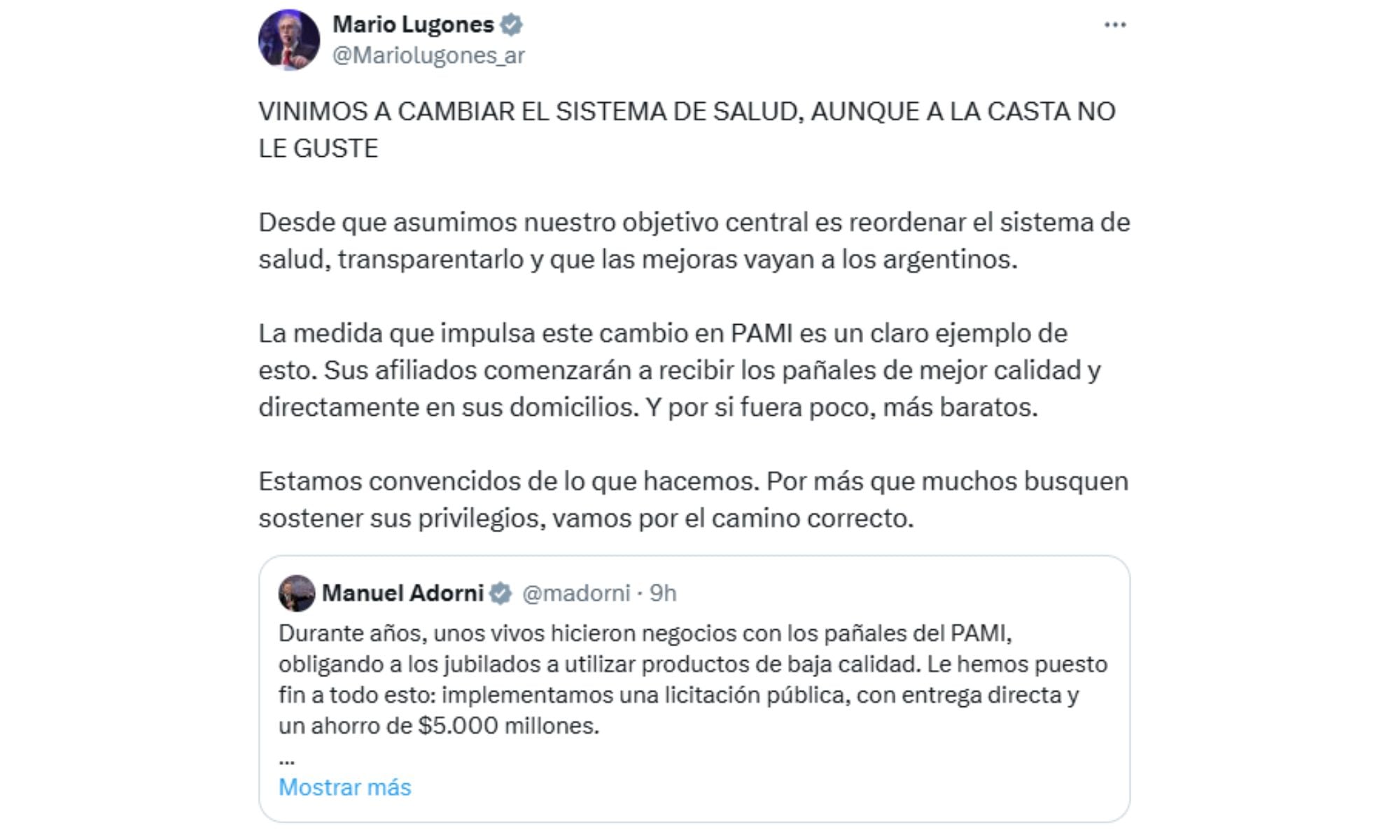 Los mensaje de Adorni y Lugones sobre PAMI (Captura de pantalla)