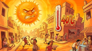 Varias personas se abanican y mojan con agua en una calle soleada junto a un termómetro que marca 40 grados Celsius.