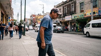 Un hombre con gorra y camiseta azul escupe en el borde de una acera junto a una calle con tráfico de vehículos y peatones.