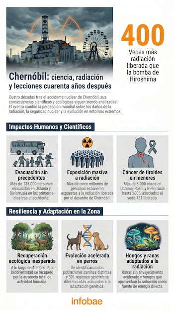 Infografía sobre el desastre de Chernóbil con la central nuclear y una noria. Muestra datos de evacuación, radiación, cáncer, recuperación ecológica y adaptaciones de fauna.