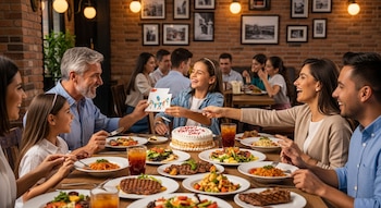 Una familia numerosa celebra en un restaurante con paredes de ladrillo; una niña sonriente le entrega una tarjeta a un hombre, hay platos de comida y un pastel.