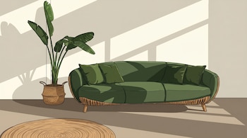 Ilustración de una habitación minimalista con paredes beige, un sofá verde oscuro con cojines, una planta de grandes hojas en una cesta y una alfombra redonda.