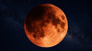 Luna de color naranja rojizo con cráteres y textura lunar contra un cielo nocturno oscuro con estrellas, con una sombra cubriendo la parte superior izquierda.