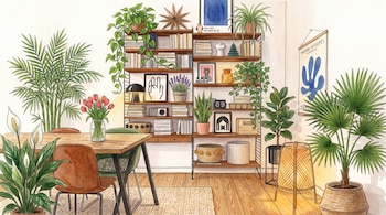 Habitación con mesa, sillas, jarrón con tulipanes, estanterías, libros, cuadros y diversas plantas de interior: potus, lavanda, espatifilo, palmeras, ficus.