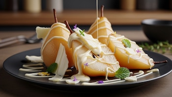 Receta de peras al torrontés con chocolate blanco, rápida y fácil