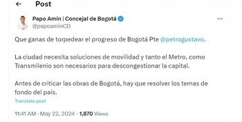 Papo Amín le responde al presidente Petro por el Transmilenio en la Av 68 - crédito @papoaminCD