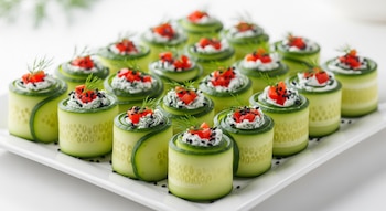 Primer plano de rollitos de pepino rellenos, decorados con trozos de tomate, semillas de sésamo negro y eneldo, sobre un plato blanco con fondo claro.