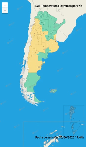 Mapa de Argentina con regiones en amarillo, verde y blanco. Texto "SAT Temperaturas Extremas por Frío" y "Fecha de emisión: 30/06/2026 17:44h"