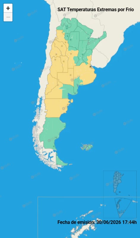 Un mapa del Servicio Meteorológico Nacional indica las zonas de Argentina con alerta por temperaturas extremas de frío, con fecha de emisión del 30 de junio de 2026.