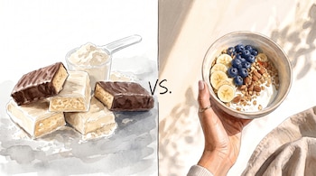 Una imagen dividida en dos muestra barras de proteína y polvo, y una mano que sostiene un tazón de yogur con fruta y granola. Un 'VS.' las separa.