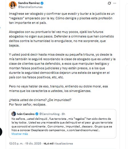 Sandra Ramírez señaló a Iván Cancino de haber defendido a clientes que manipulan testigos y montan falsos positivos judiciales - crédito @SandraComunes/X