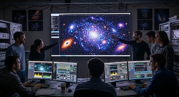 Siete personas en una sala de control frente a una pantalla grande con una imagen de galaxias y estrellas, mientras otras tres trabajan en ordenadores.