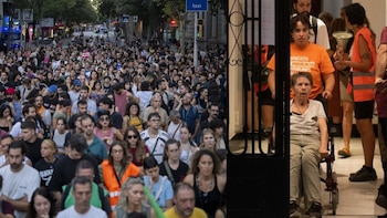 Concentración tras el desahucio de Maricarmen e imagen de ella la noche de antes. (Montaje)