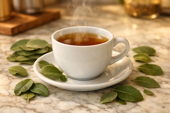 Una taza de té blanca con líquido marrón caliente y vapor, sobre un plato blanco. Hojas verdes de boldo esparcidas en una encimera de mármol.