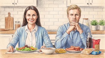 Ilustración a lápiz de una mujer y un hombre sentados en una cocina; ella con ensalada y un cuenco, él con salchichas, refresco y paquetes de aperitivos.