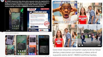Collage de capturas de pantalla mostrando una falsa alerta de emergencia en teléfonos, un comunicado oficial de INDECI y memes virales sobre un supuesto sismo.