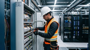 Técnico con casco, chaleco reflectante y gafas opera herramientas frente a un panel de cableado en una sala con servidores.