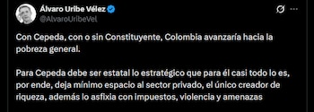 Álvaro Uribe - crédito @AlvaroUribeVel/X