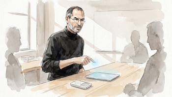 Ilustración acuarela de Steve Jobs señalando una pantalla táctil prototipo en una mesa de madera, junto a un iPod. Siluetas de personas difusas.
