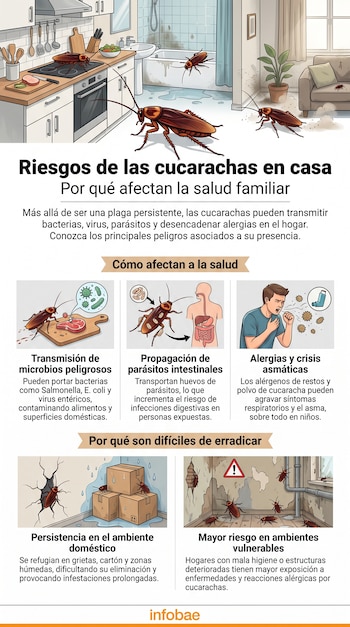 Infografía de Infobae sobre riesgos de cucarachas en el hogar, con ilustraciones de estos insectos y gráficos de sus efectos en la salud y erradicación.
