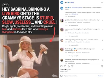 PETA arremetió contra Sabrina Carpenter tras su performance con una paloma en los Grammy 2026