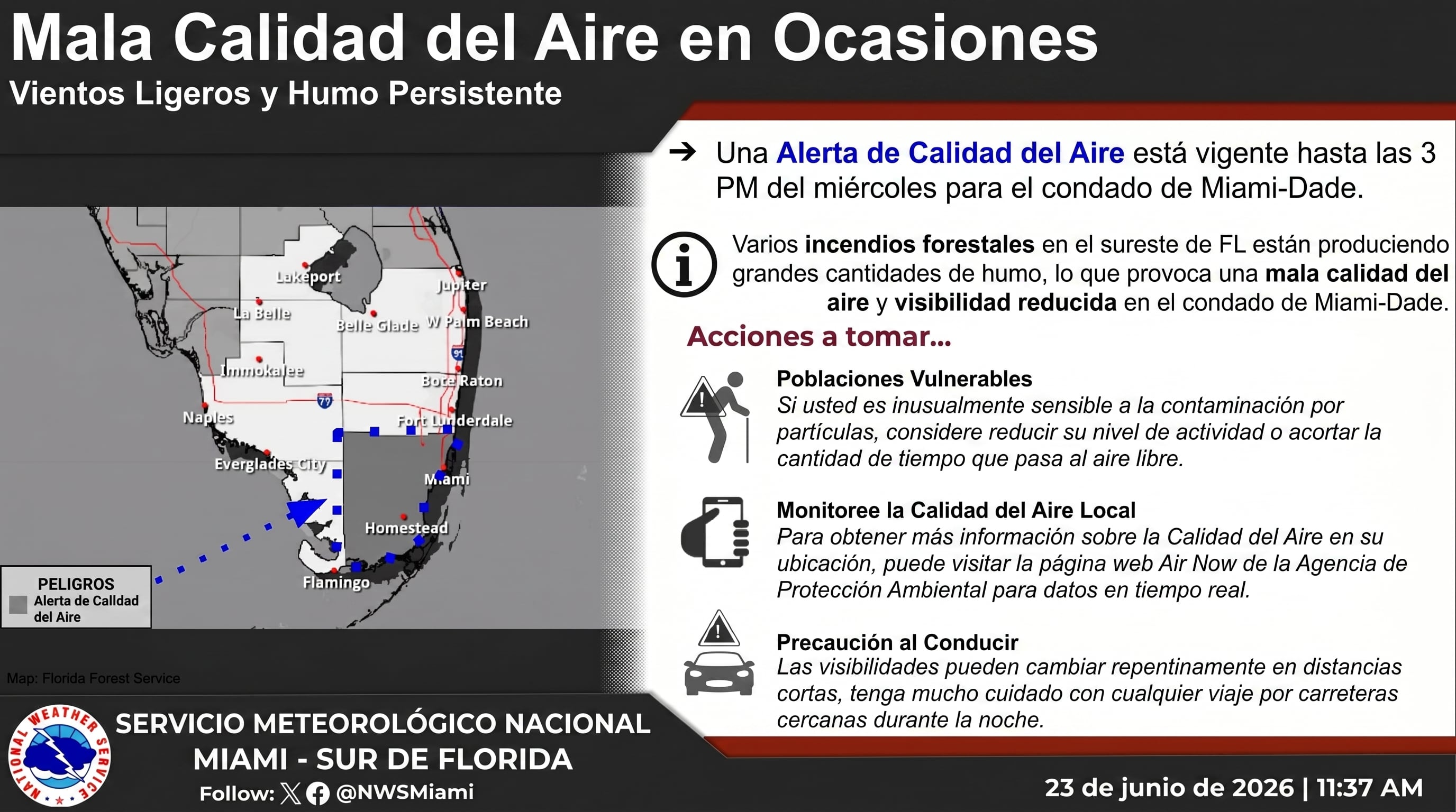 El Servicio Meteorológico Nacional en Miami emite una alerta de mala calidad del aire para el condado de Miami-Dade, debido al humo de los incendios forestales en el sureste de Florida. (Imagen Ilustrativa Infobae)