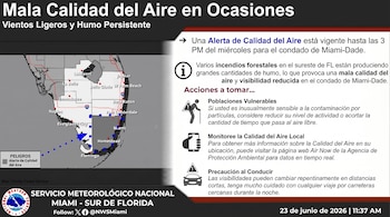 Infografía con mapa de Florida que muestra una alerta de calidad del aire en Miami-Dade, texto sobre incendios forestales, recomendaciones y el logotipo del Servicio Meteorológico Nacional.
