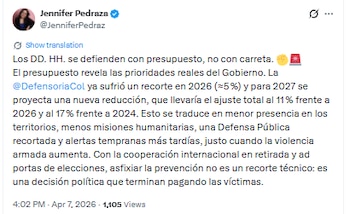 Jennifer Pedraza se pronunció contra el Gobierno nacional tras al nuevo recorte a la Defensoría del Pueblo - crédito @JenniferPedraza/X