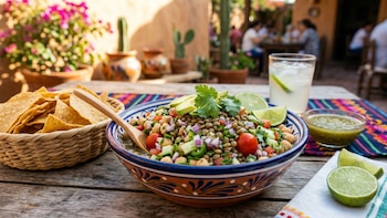 Un ceviche de lentejas con garbanzos, aguacate, tomate y cilantro en un cuenco artesanal, acompañado de totopos y limas en una mesa de madera