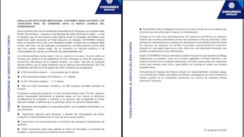 Comunicado impreso en dos páginas con el logotipo de COPARMEX Sinaloa y texto relativo a la gubernatura del estado