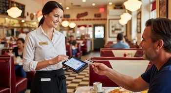 Primer plano de una camarera sonriente con uniforme blanco y delantal negro, procesando el pago con tarjeta de crédito de un cliente en una tablet en un diner.