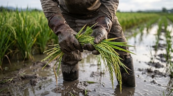 Manos con guantes cubiertos de barro sostienen tallos de arroz verde sobre un campo anegado con agua.
