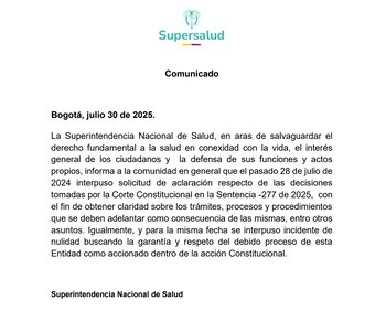 En su comunicado, la Supersalud