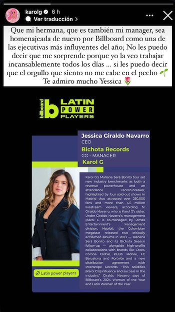 Karol G se emocionó por el reconocimiento que recibió su hermana Jessica Giraldo como una de las ejecutivas más influyentes del año - crédito @karolg/IG