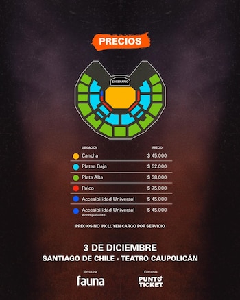 Los precios en el Teatro Caupolicán de Chile rondan desde los 38 mil hasta los 75 mil pesos chilenos