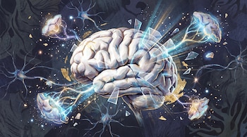 Ilustración digital de un cerebro humano con sustancia blanca fragmentada reconstruyéndose con luz, rodeado de conexiones neuronales y destellos dorados.