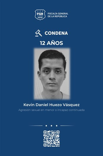 El Tribunal Quinto de Sentencia de San Salvador condenó a Kevin Daniel Huezo Vásquez a 12 años de prisión por agresión sexual en menor o incapaz en modalidad continuada en Ciudad Delgado, San Salvador Centro. (Foto: FGR)