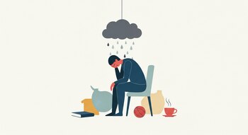 Ilustración plana de una persona encorvada sentada en una silla, con una nube gris oscura lloviendo sobre su cabeza. Alrededor hay un libro, un balón y una taza de café desaturados.