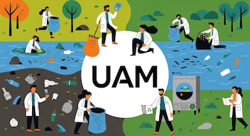 Logo UAM. Nueve personas con batas blancas recogen basura en un río y en la orilla, operan un biodigestor y distribuyen folletos.