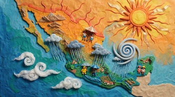 Mapa de México hecho con plastilina muestra el norte con sol intenso y el sur con nubes, lluvia, un ciclón tropical, personas con paraguas.